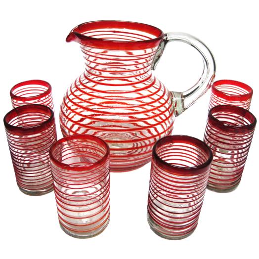 Espiral / Juego de jarra y 6 vasos grandes con espiral rojo rub / Remolinos rojo rub embellecen ste juego, perfecto para servir bebidas refrescantes en un caluroso da de verano.